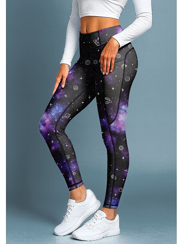 Women's pilates leggings fitness pants Gym Leggings Pockets Stamp Duty Side Pockets Pilates Gym Gym Workout Pants Tights Leggings Galaxy Star Print Purple Sports Activewear Stretchy Tight Fit4