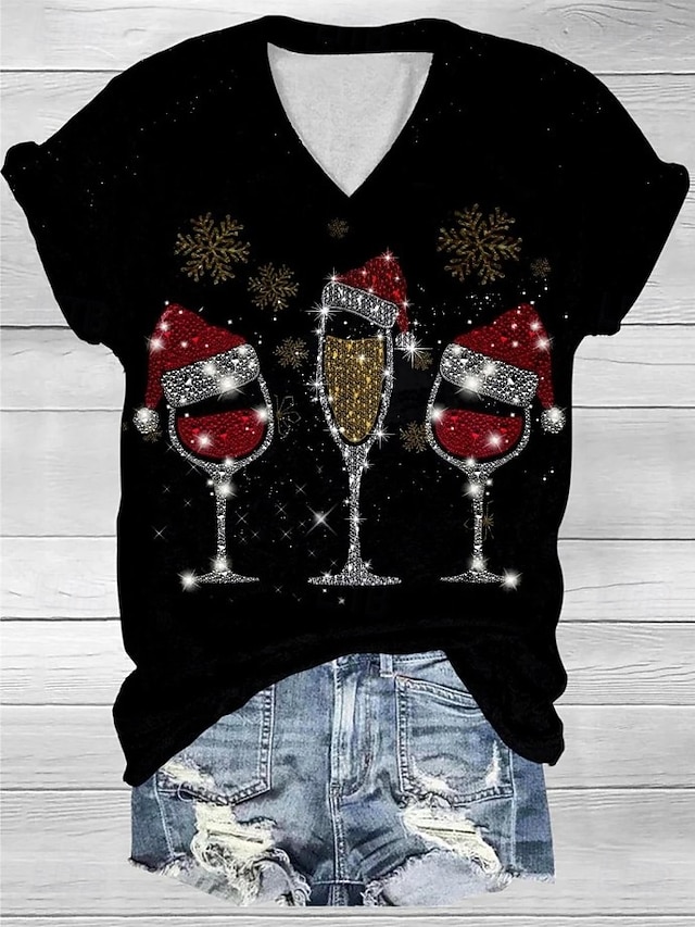  Jul Dame T-shirt Grafisk Juletræ Årgang Stilfuld Klassisk Kortærmet V-hals Almindelige toppe Daglig Trykt mønster Sort + hvide + Rød Sort og grå Sort Lyserød Kakifarvet Sommer Forår Efterår Vinter