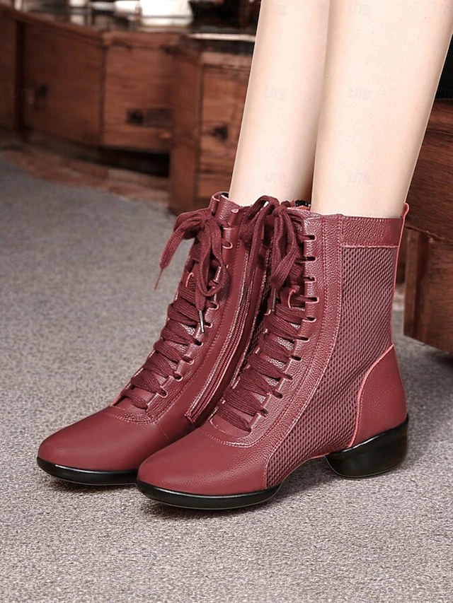 Women's Red Lace-Up Dance Boots with Mesh Panels and Low Heel, Ideal for Jazz, Ballroom, and Latin Dance Performances 8