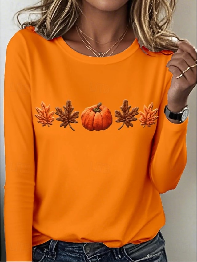  Femmes T-shirt Graphique Plantes ancien Élégant Classique manche longue Col ras du cou Col rond Hauts Réguliers Quotidien Imprimé Noir Bleu Orange Gris foncé Gris Printemps Automne Hiver