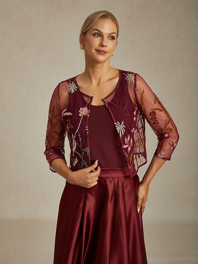  Γυναικεία Δαντελένια μπλουζάκια Φλοράλ Κομψό Στυλάτο Στρογγυλή Ψηλή Λαιμόκοψη Crop Tops Επισκέπτης γάμου Βραδινό Ρούχα για Πάρτυ Δαντέλα Κεντητό Κρασί Καλοκαίρι Άνοιξη Φθινόπωρο