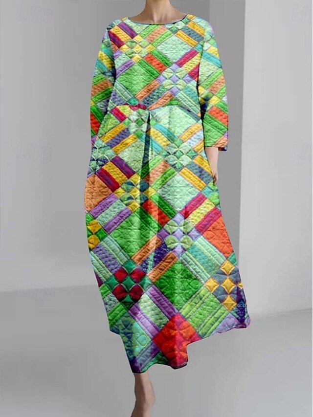  Damskie Sukienka maxi Sukienka A line Sukienka rozkloszowana i dopasowana Impreza Codzienny Boho Ślub Impreza Gość weselny Luźna Graficzny Geometryczny Długi rękaw Półgolf Rumiany róż Niebieski