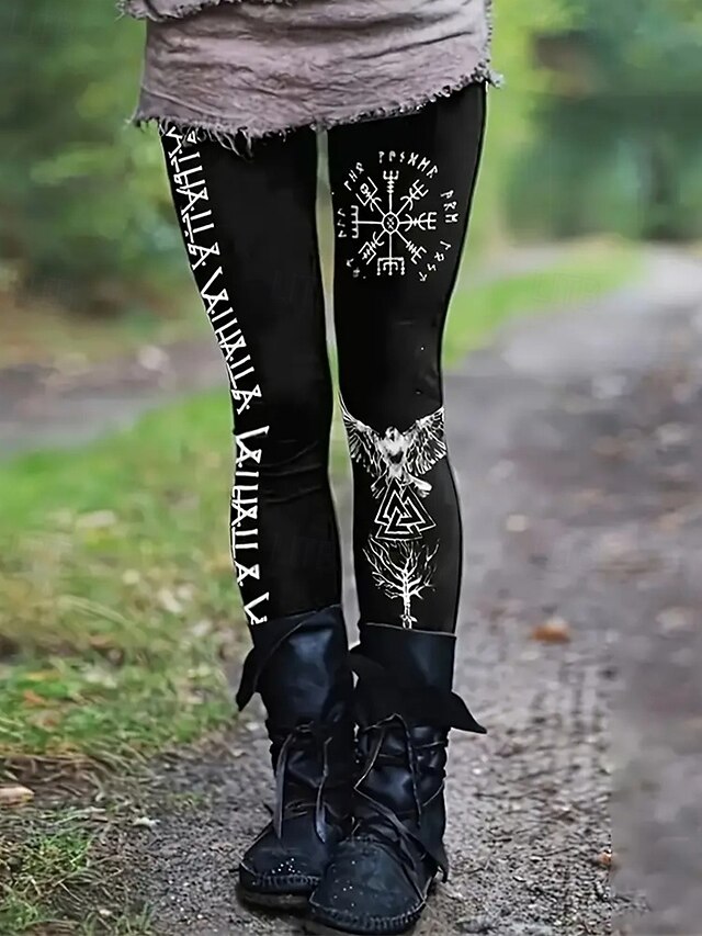 Women's Chinos Leggings Cozy Leggings Vintage Ethnic Style Basic Full Length High Waist Pattern Printing Thermal Warm Comfortable Stretchy Vacation Casual Daily Black Fall Winter Slim Fit4