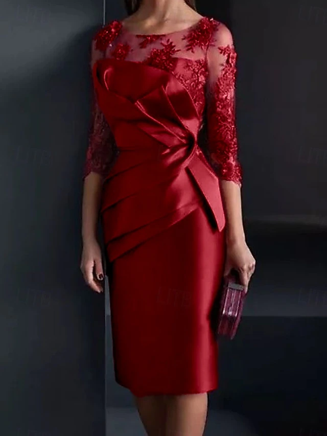 Sheath Mother of the Bride Dress Wedding Guest Elegant Illusion Neck Knee Length Satin Lace 3/4 Length Sleeve with Appliques Ruching 6