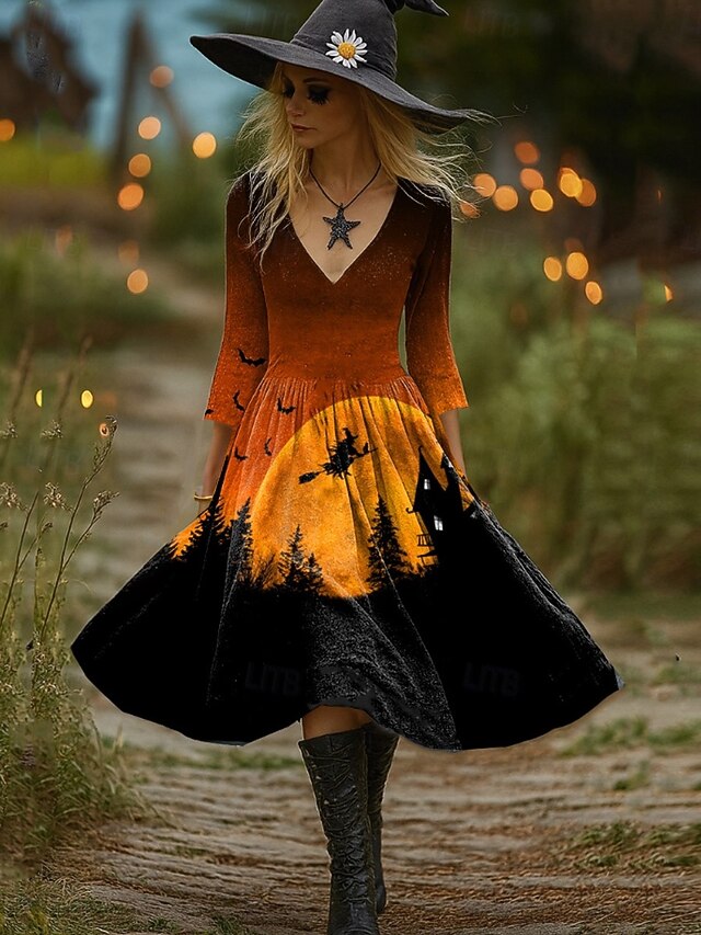 Halloween Women's Witch Print Midi Dress A Line Dress Vacation Casual Party Regular Fit Graphic Hocus Pocus Long Sleeve V Neck Orange Dark Grey Light Orange Spring Fall4