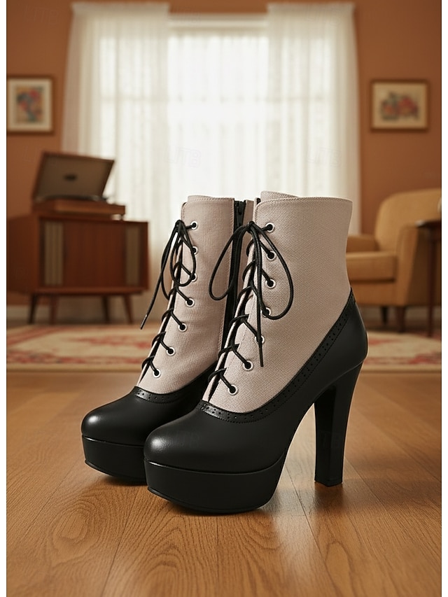  Botas femininas de salto alto com cadarço cor de vinho – botinhas plataforma estilo brogue vintage com painel de lona para festa e moda de outono