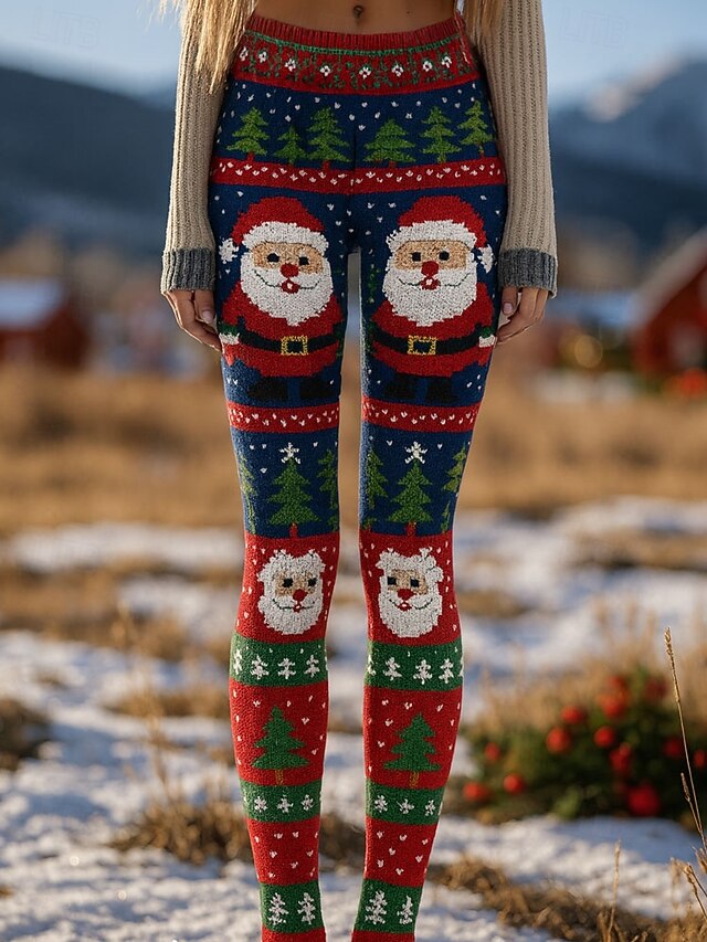 Women's Leggings Vacation Vintage Ethnic Style Full Length High WaistPantsUgly Christmas Graphic Santa Claus Christmas Tree 3D Print Quick Dry Breathability Soft Stretchy Outdoor Home Causal Red Navy4