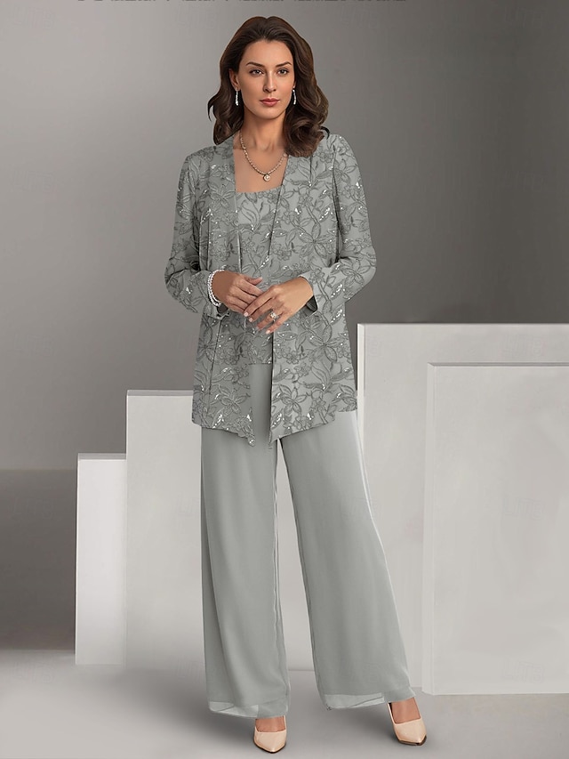  Completo Formale Matrimonio sulla Spiaggia 3 Pezzi Mamma della Sposa Elegante Collo Gioiello Chiffon Maniche Lunghe Wrap Incluso Ricamo in Pizzo Colore Solido