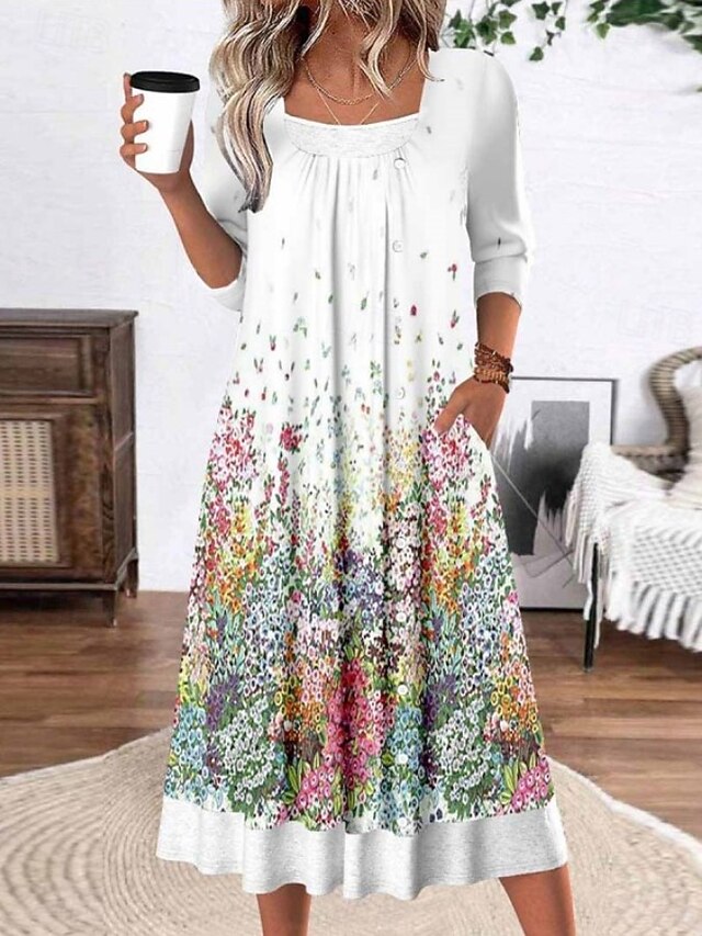 Women's Midi Dress Shift Dress Casual Daily Regular Fit Floral Graphic Abstract Long Sleeve Square Neck White Summer Spring Fall Winter3