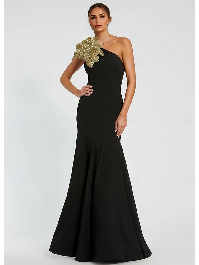  Black Tie Mermaid / Trumpet Evening Gown Elegant Formal Dress Formal Wedding Floor Length Sleeveless One Shoulder Capes Stretch Crepe with Shawl 2025