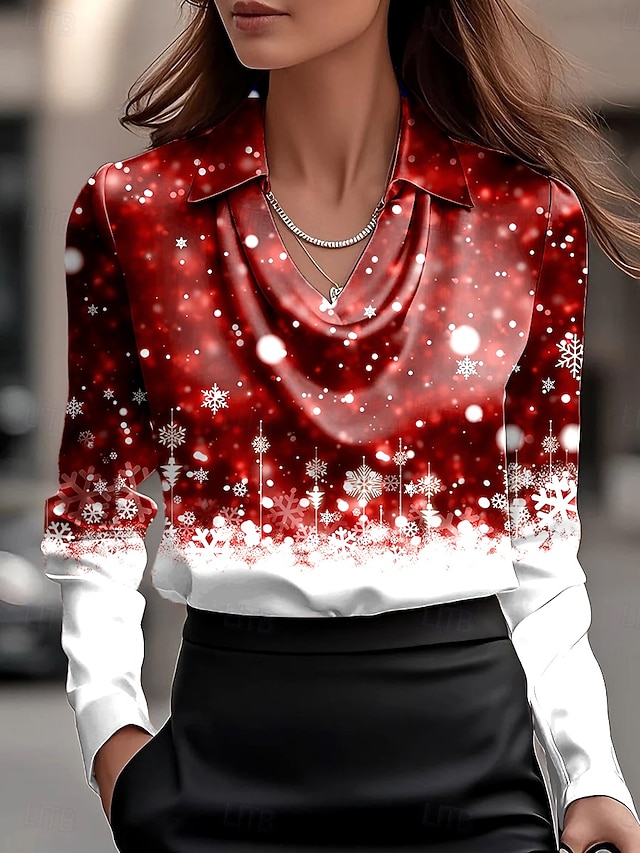  Weihnachten Damen Hemd Ombre Grafik Schneeflocke Elegant Stilvoll Lässig Langarm Wasserfallausschnitt Normale Oberteile Arbeit Party-Abendmode Täglich Gerafft Drapiert Wein Blau Purpur Herbst Winter
