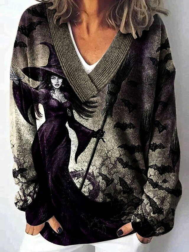 Halloween Women's Cardigan Daily Casual Witch Graphic Skeleton Ribbed V Neck Buttons Print Long Sleeve Regular Tops Knit Outdoor Weekend Black Fall Winter4