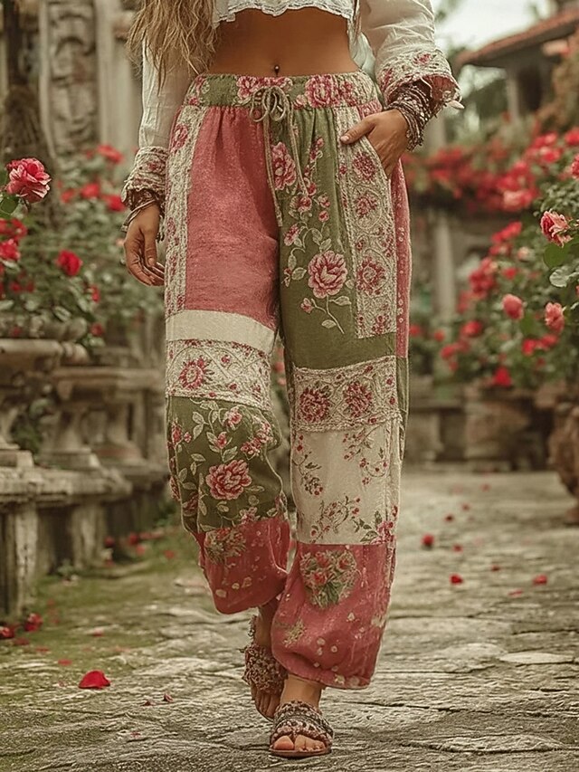 Women's Wide Leg Pants Trousers Fashion Streetwear Full Length Mid Waist Floral Pocket Elastic Waist Print Comfy Breathability Micro-elastic Outdoor Dailywear Daily Pink Spring Fall Regular Fit4