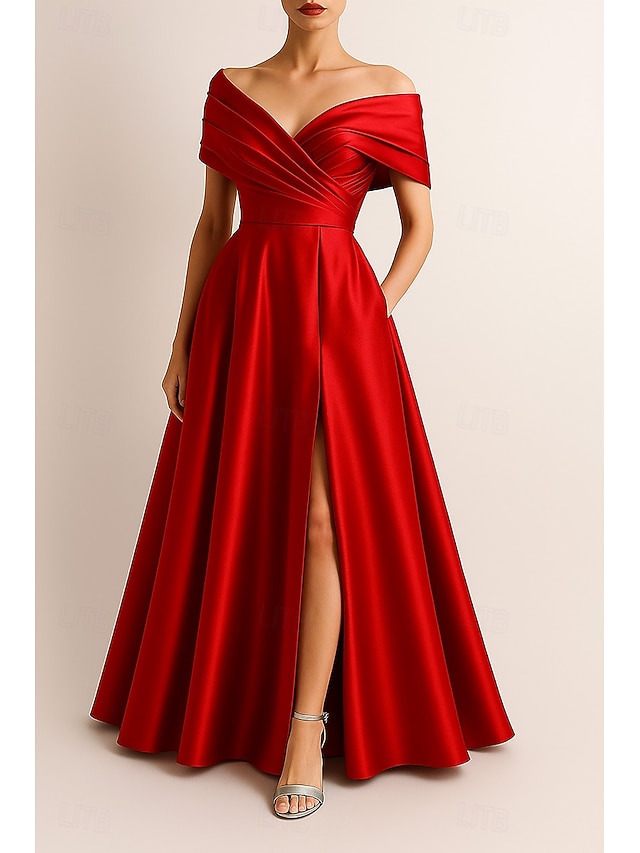  Ligne A Longueur au sol Robe de Soirée Tenue de soirée Élégant Scintillant Style Célébrité Sans manches Épaules Dénudées Formel Mariage Satin Extensible avec Plis Froncé Fente