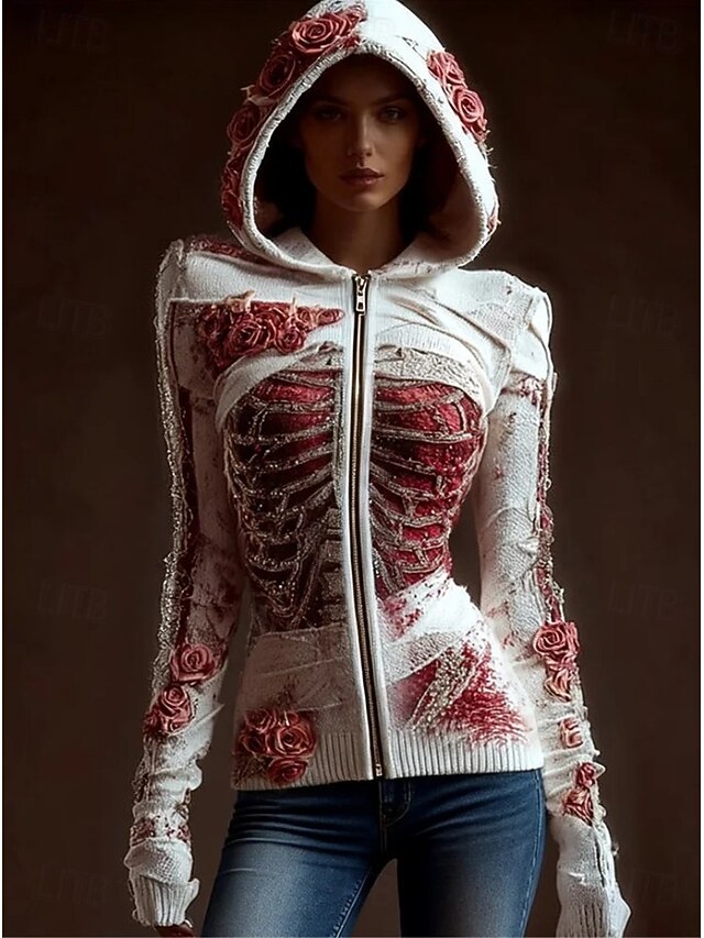 Women's Zip Up Hoodies Graphic Skull Punk Active Vintage Long Sleeve Hooded Regular Tops Home Dailywear Casual Patchwork Black Red Dark Gray Fall Winter4