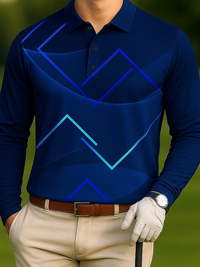  Herre Geometrisk Golf Polo Langærmet Polo skjorter Knaphul Afslappet udendørs atletiktøj Dagligdagstøj 3D-udskrivning Knapper Forår Efterår Vinter Sort Blå Brun