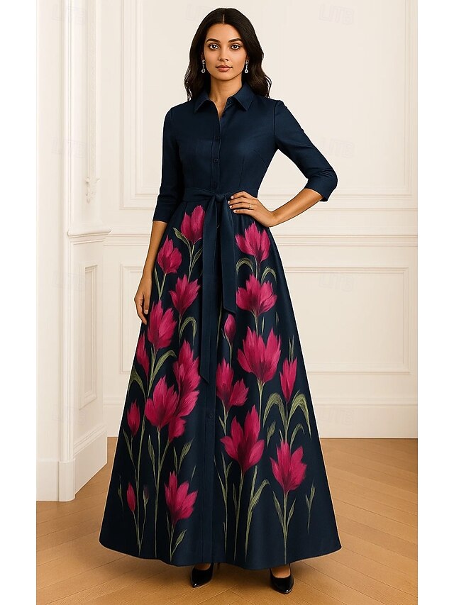 A-Line Mother of the Bride Formal Shirt Dress Elegant Vintage Shirt Collar Floor Length Satin Long Sleeve with Bow(s) Print4