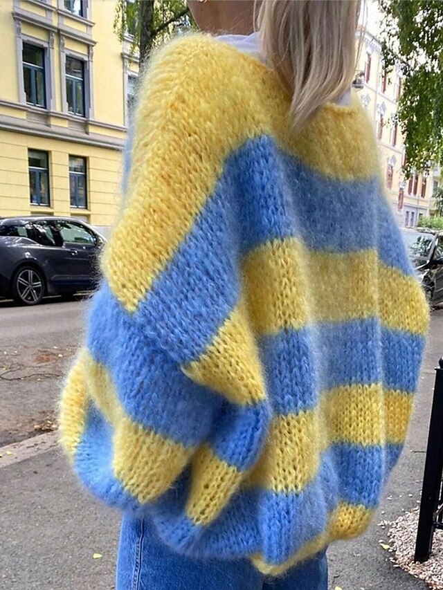 Women's Sweater Fashion Streetwear Casual Striped Ribbed Crew Neck Knitted Long Sleeve Regular Tops Knit Outdoor Daily Weekend Yellow Fall Winter4