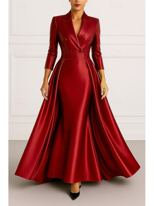 Szmoking ruha A-vonalú Magas-alacsony szárú ruha Előírásos Esküvő Esküvői vendég Sztreccs szatén Elegáns 3/4 ujjú rakott Földig érő Spicc gallér Dupla soros