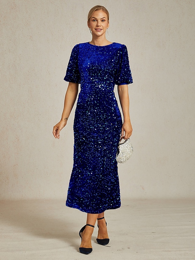  Women's Sequins Maxi Dress Sheath Dress A Line Dress Puff Sleeve Dress Party Birthday Party Regular Fit Solid Color Short Sleeve Crew Neck Royal Blue Spring Fall Winter