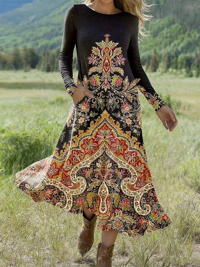 Women's Midi Dress A Line Dress Fit And Flare Dress Vacation Casual Daily Regular Fit Graphic Geometric Long Sleeve Crew Neck Black Blue Orange Spring Fall Winter4