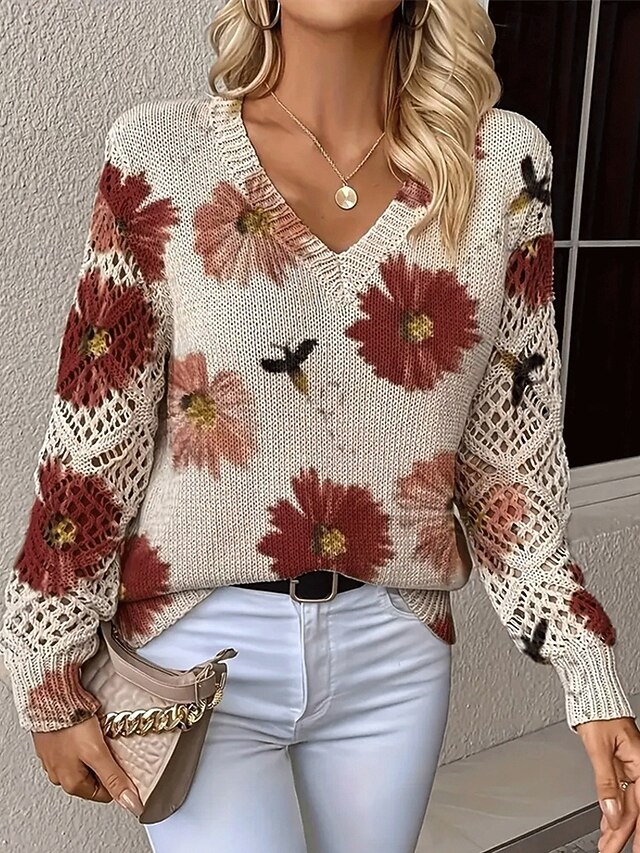 Women's Sweater Fashion Basic Casual Floral Ribbed V Neck Knitted Long Sleeve Regular Tops Knit Outdoor Daily Weekend Red Fall Winter4