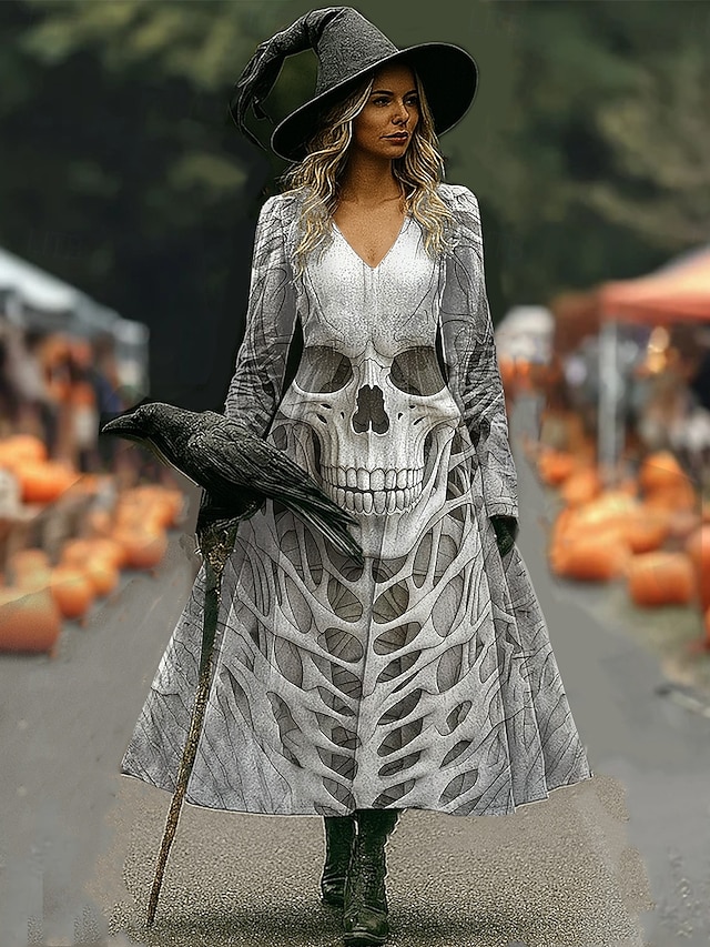  Halloween Női Koponyák Nyomás Midi Ruha A-vonalú Ruha Vakáció Hétköznapi Napi Normál Illeszkedés Grafikával Koponya Hosszú Ujjú V Nyakú Kék Narancs Szürke Ősz Tél