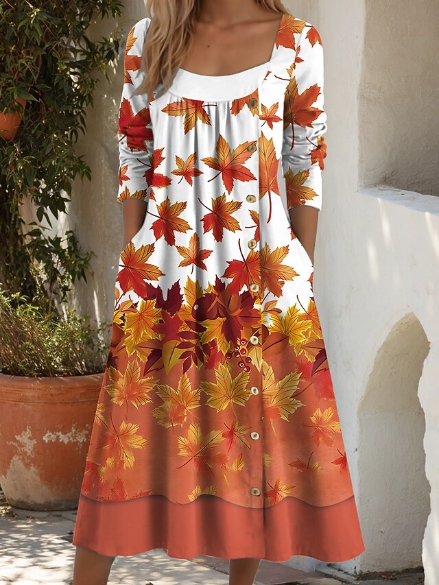 Women's Midi Dress Shift Dress A Line Dress Casual Daily Regular Fit Graphic Leaf Long Sleeve Square Neck Yellow Orange Brown Fall Winter4