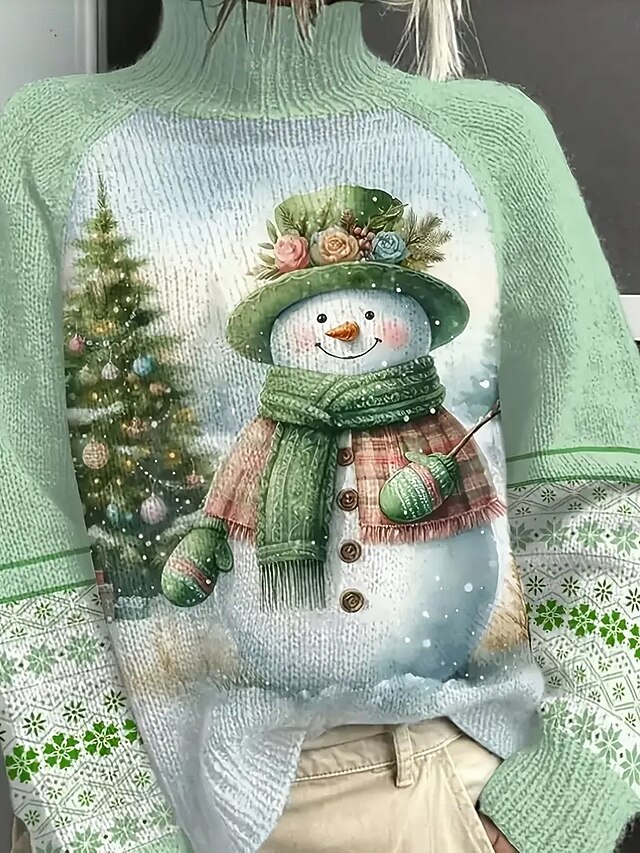 Women's Sweater Pullover Daily Casual Graphic Christmas Tree Snowman Ribbed Turtleneck Knitted Print Long Sleeve Regular Tops Knit Outdoor Weekend Green Fall Winter4