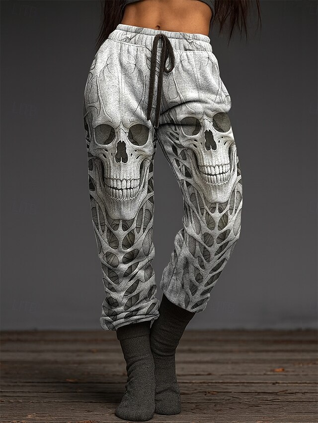 Women's Skinny Vacation Vintage Fashion Full Length High WaistPantsHalloween Skull Halloween Drawstring Patchwork Elastic Waistband Stretchy Formal Vacation Street Dark Grey Light Grey Orange Summer4
