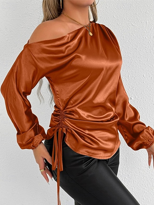  Dames Overhemd Satijnen overhemd Effen Kleur Stijlvol Casual Lange mouw koude schouder Normale tops Dagelijks Uitgaan Asymmetrisch Geel Bruin Lente Herfst