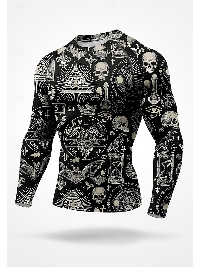  男性用 コンプレッション・シャツ ランニングＴシャツ 3Dプリント 長袖 ベース層 スカル 速乾性 ビデオ圧縮 パワーフレックス 吸汗性 ジムトレーニング アクティブトレーニング 運動 スポーツウェア アクティブウェア ブラック