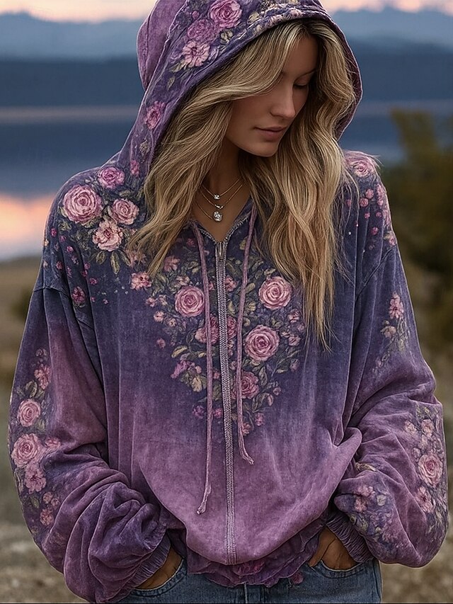 Women's 3D Print Vintage Boho Hoodie Patchwork Hoodie Sweatshirt Floral Zip Up s Floral Punk Active Vintage Long Sleeve Hooded Regular Tops Home Dailywear Casual Purple Fall Winter3