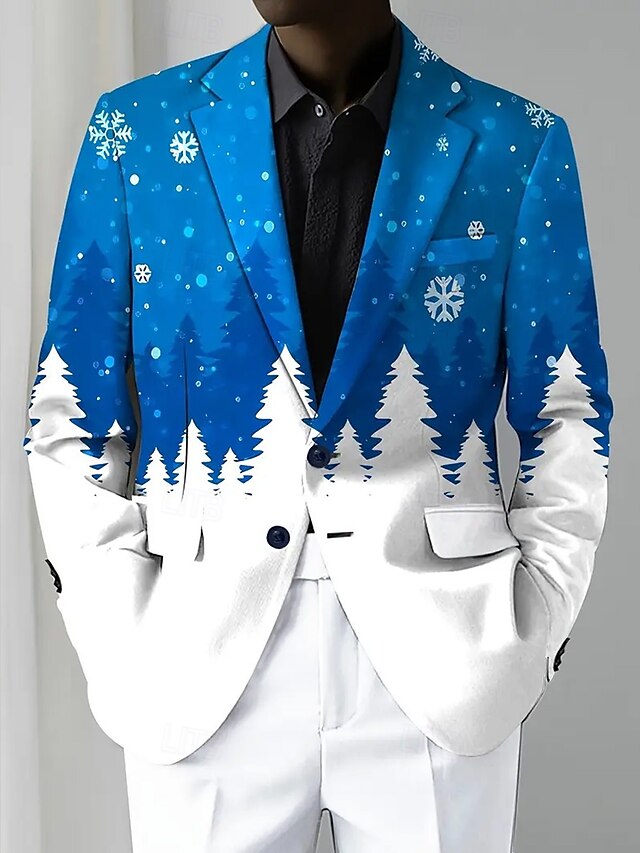  Herre Blazer Frakke Jul udendørs Afslappet Afslappet Hverdag Efterår vinter 100% Polyester Snefnug 3D-udskrivning Knapper Hold Varm Bekvem Enradet Blazer Blå Grøn