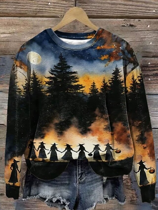 Women's Pullover Graphic Halloween Witch Casual Long Sleeve Crew Neck Regular Tops Street Dailywear Casual Print Blue Spring Fall Winter4