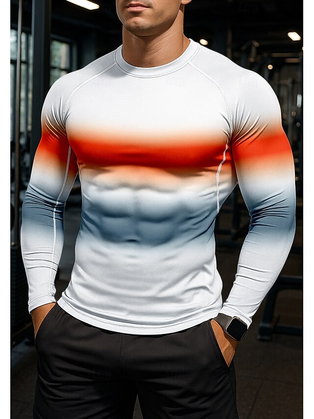Men's Compression Shirt Running Shirt 3D Print Long Sleeve Shirt Color Gradient Quick Dry Compression Power Flex Moisture Wicking Gym Workout Active Training Exercise Sportswear Activewear Red4