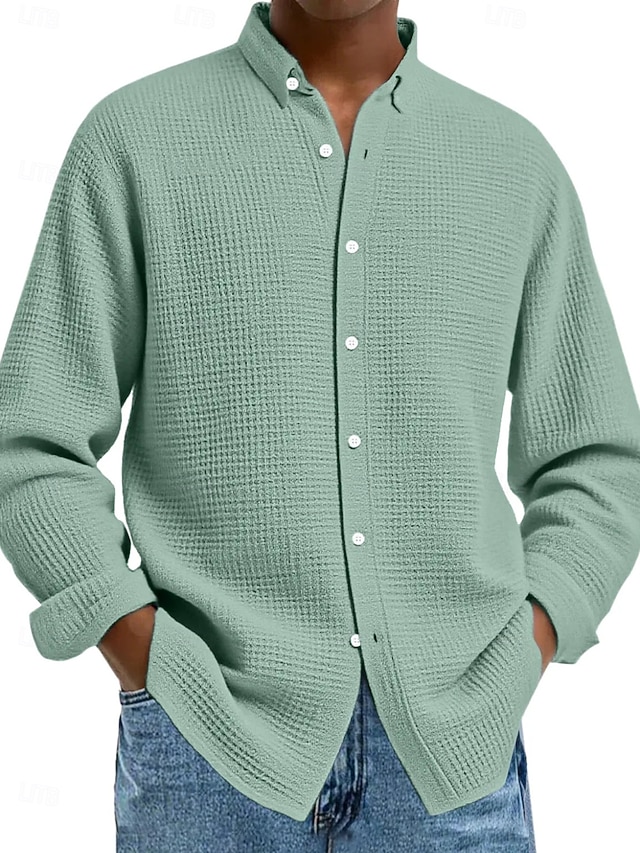  Herren Hemd Waffelhemd Freizeithemd Knopfhemd Schwarz Weiß Wein Marineblau Blau Langarm Einfach Revers Lässig Täglich Bekleidung Mode Streetwear