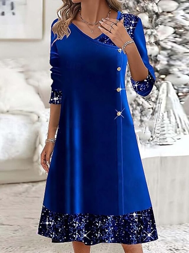 Christmas Women's Midi Dress A Line Dress Casual Daily Holiday Regular Fit Plain Long Sleeve V Neck Wine Royal Blue Green Fall Winter4