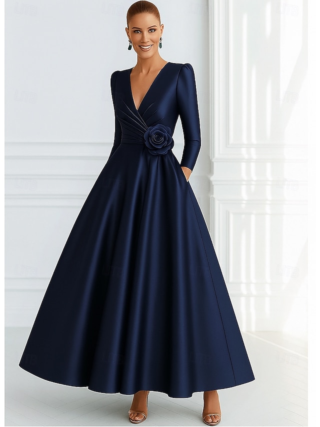  A-Linie Abendkleid Elegant Formelle Kleidung Formell Hochzeit Bodenlang Dreiviertelarm V Ausschnitt Tasche Satin mit Tasche 2025