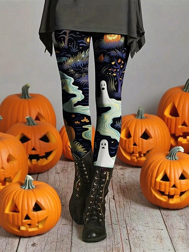 Women's Leggings Cozy Leggings Basic Casual Full Length High WaistPantsHalloween Pumpkin Printing Thermal Warm Comfortable Stretchy Vacation Casual Daily Violet Fall Winter Slim Fit4