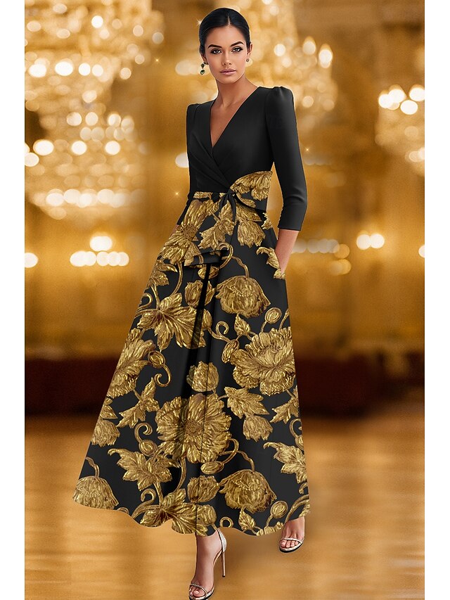 Black and Gold Floral Jacquard A-Line Cocktail Dresses Elegant Formal Dress Formal Wedding Tea Length 3/4 Length Sleeve V Neck Stretch Satin with Bow(s) 20254
