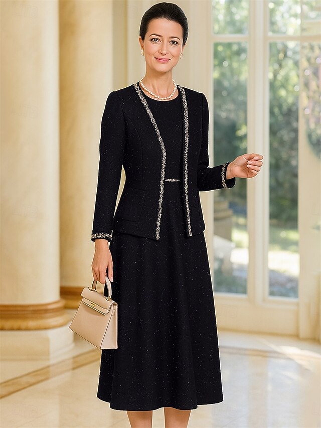 Two Piece Dress Sets Mother of the Bride Dress Formal Elegant Tailored Crew Neck Tea Length Woolen Long Sleeve Short Jacket Skirts with Sash / Ribbon4