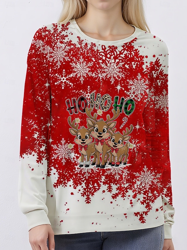  Dam Pullover-tröja Huvtröjor Grafisk Jul Ful jul Klassisk Ledigt Festival Långärmad Rund hals Vanliga toppar Ledigt Helgdag Mönster Rubinrött Höst Vinter