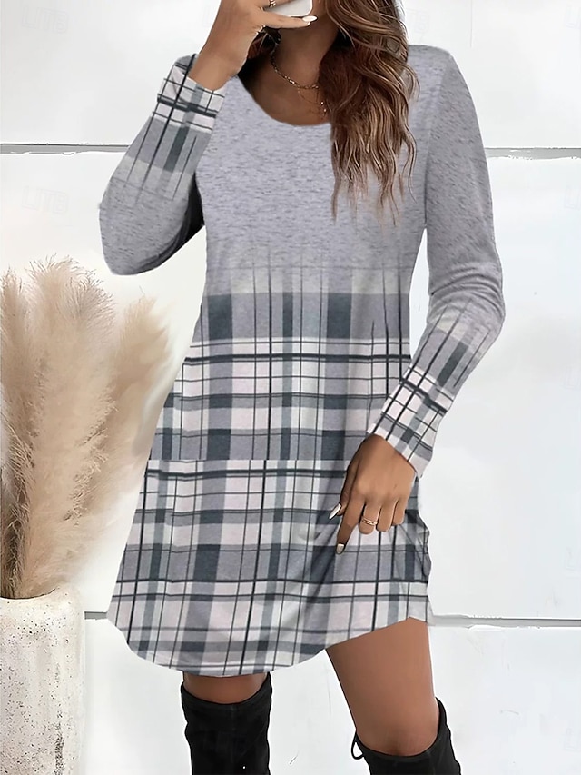  Damen Minikleid T-Shirt-Kleid Sommerkleid A Linie Kleid Lässig Täglich Ausgehen Normale Passform Grafik Karomuster Abstrakt Langarm Rundhalsausschnitt Hellrosa Rosa Grau Herbst Winter