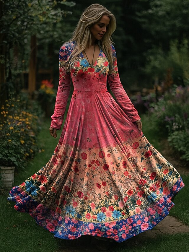 Christmas Women's Maxi Dress Pleated Dress Party Casual Boho Daily Date Going out Regular Fit Floral Long Sleeve V Neck Dark Pink Spring Fall Winter2