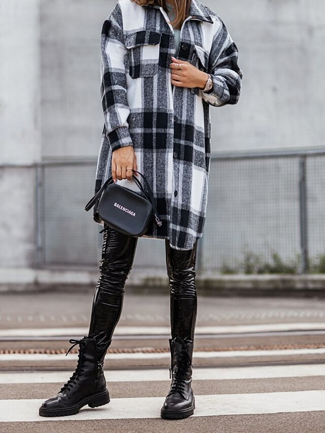 Women's Shirt Jacket Shacket Comfortable Pocket Buttons Casual Plaid Vacation Daily Wear Going out Weekend Long Turndown Regular Fit Long Sleeve Outerwear Black Fall Winter4