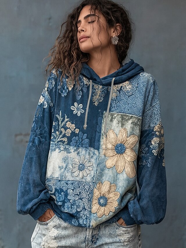 Women's Pullover Hoodie Sweatshirt Floral Graphic Elegant Warm Active Long Sleeve Hooded Regular Tops Street Dailywear Casual Patchwork Print Blue Spring Fall Winter2
