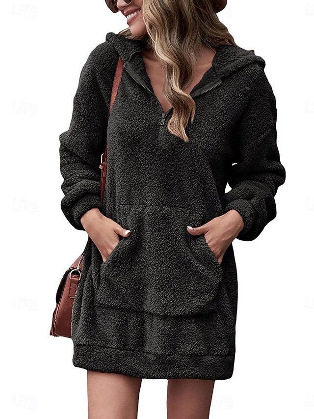 Women's Pullover Hoodie Sweatshirt Plain Casual Long Sleeve Hooded Long Tops Street Dailywear Zipper Pocket Black Fall Winter3