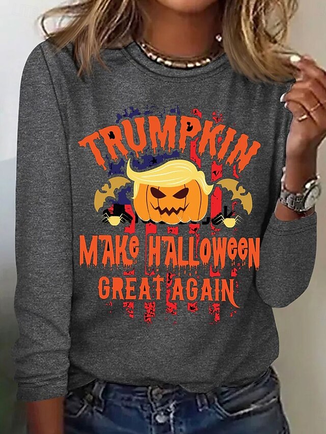 Halloween Women's T shirt Pumpkin Graphic Letter Vintage Fashion Stylish Long Sleeve Crew Neck Round Neck Regular Tops Daily Weekend Print Gray Spring Fall Winter4