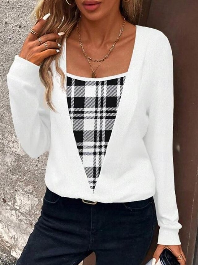Women's Shirt Blouse Plaid Stylish Basic Casual Long Sleeve Square Neck Regular Tops Daily Holiday Print White Spring Fall Winter4